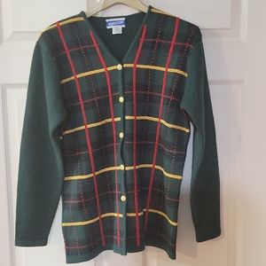 VTG Pendleton Wool Blend Green Tartan Plaid Cardigan with Gold Buttons